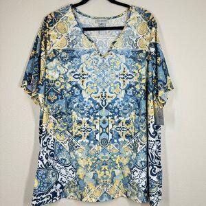 New Catherines Top Blouse Womens 2X 22/24W Blue Yellow Floral Lace Embellishment